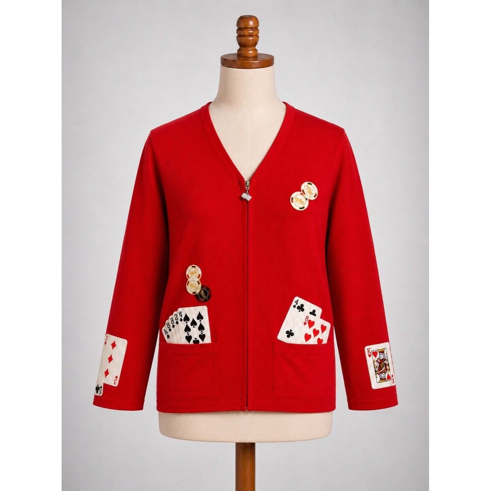 VTG 90s Casino Cardigan Sweater XL Red Poker Dice Zip Dice Pull Las Vegas